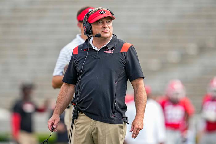 Georgia Bulldogs head coach Kirby Smart on the field during the Georgia Spring Game at Sanford Stadium. Mandatory Credit: Dale Zanine-USA TODAY Sports